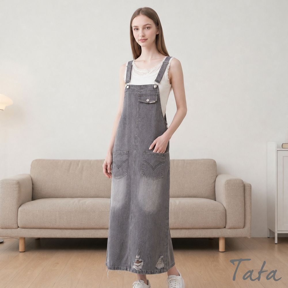 TATA 刷破後開岔牛仔無袖背帶長洋裝-F (灰色)