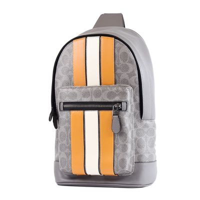 COACH 男款 直紋緹花LOGO防刮皮革單肩背胸包-炭灰