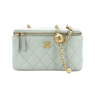 CHANEL香奈兒 Chanel 香奈兒 展示品 羊皮淡金鍊足球調節釦二用化妝包(AP2303-淺灰)