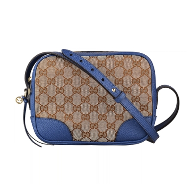 GUCCI 古馳 雙G LOGO緹花布牛皮陪襯拉鍊斜背包(藍)