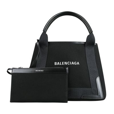 BALENCIAGA經典印花LOGO帆布拼接牛皮Navy Cabas子母手提托特包(黑)