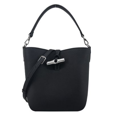 LONGCHAMP LE ROSEAU系列金屬竹節粒面牛皮兩用水桶包(迷你/黑)