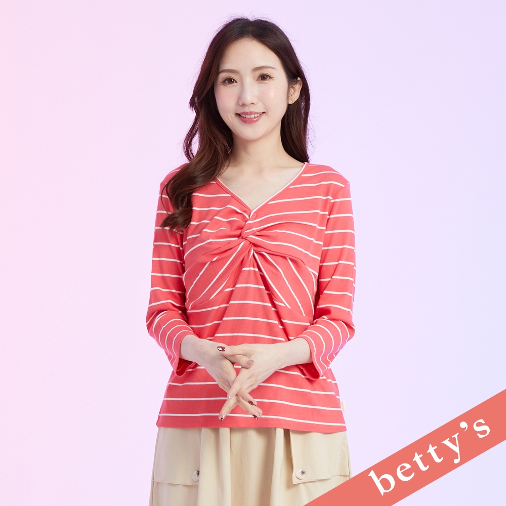 betty’s貝蒂思　胸前扭轉打結條紋V領T-shirt(桃紅色) (桃紅色)