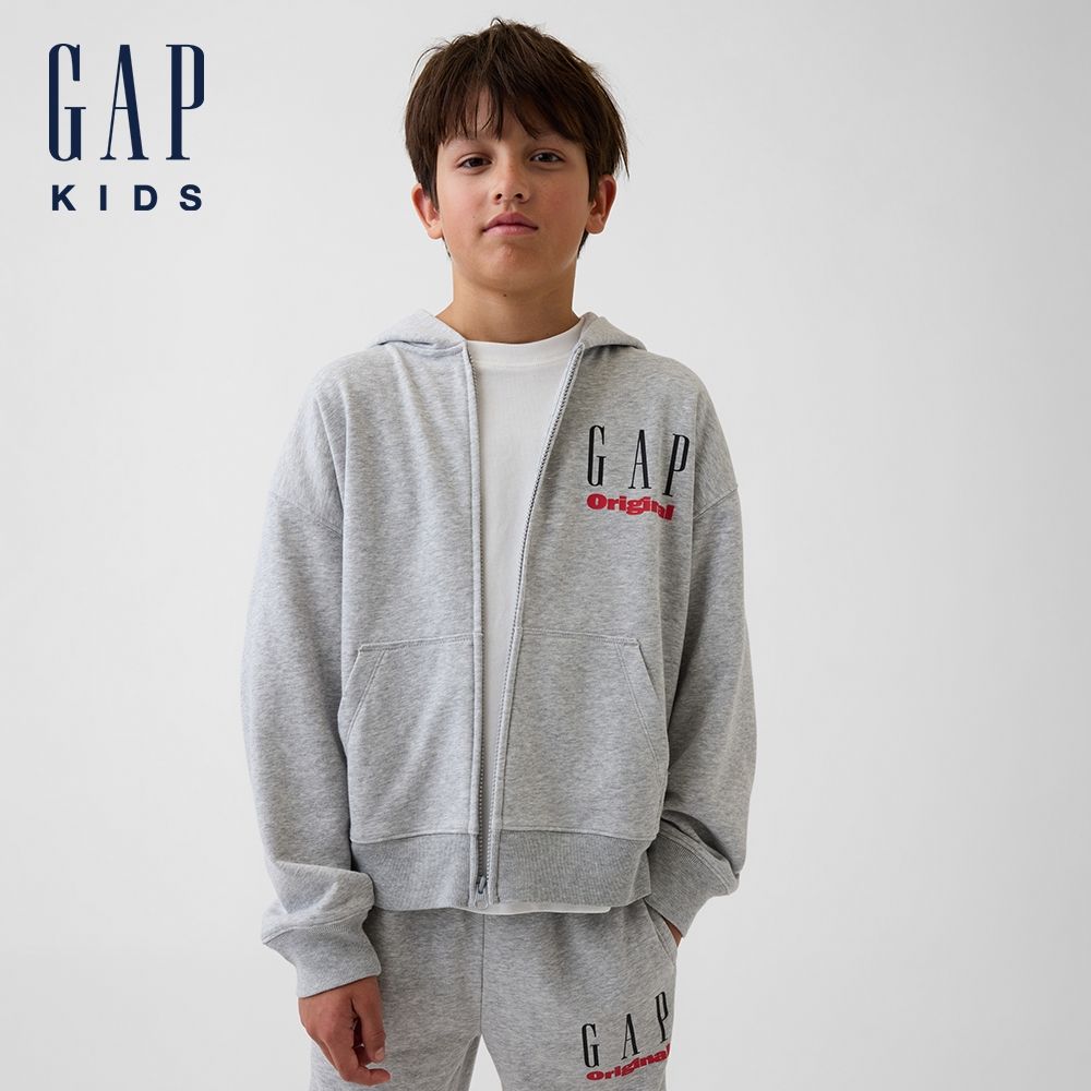 【GAP】兒童VintageSoft毛圈布寬版Gap Logo拉鍊連帽外套  多款規格任選 (907410 & 907668) (兒童Gap Logo拉鍊連帽外套-淺麻灰(907668))
