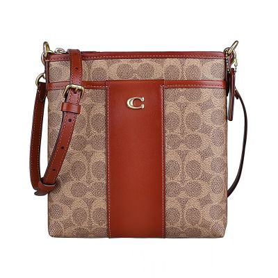 COACH Kitt 荔枝紋防刮皮革拉鍊斜背包(卡其x漸層黃褐)