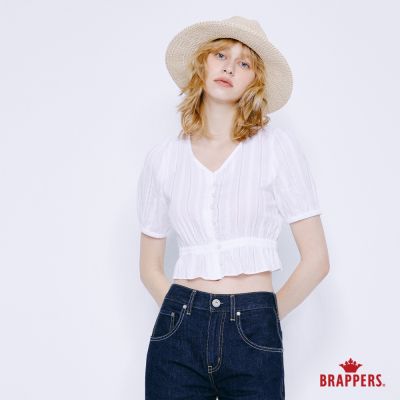 BRAPPERS 女款 緹花V領收腰短版襯衫-白