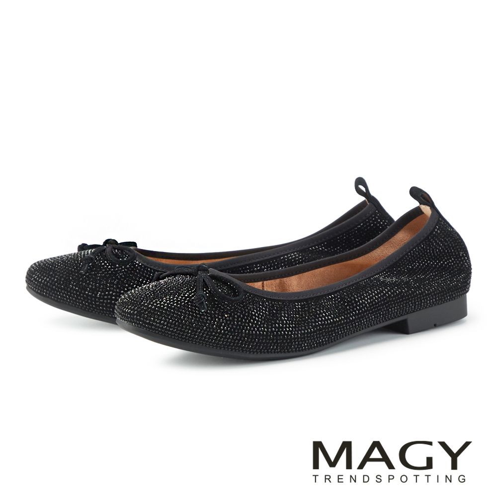 MAGY 羊皮燙鑽浪漫蝴蝶結平底鞋 黑色