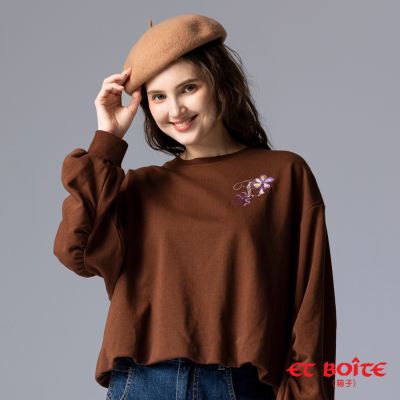 ET BOîTE 箱子 BLUE WAY – 俐落袖抽褶珠片繡長TEE(咖啡)