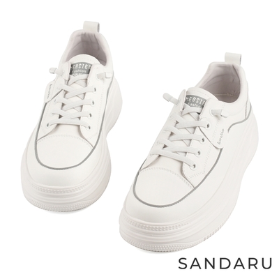 山打努SANDARU-小白鞋 真皮車標免綁帶輕量厚底休閒鞋-白