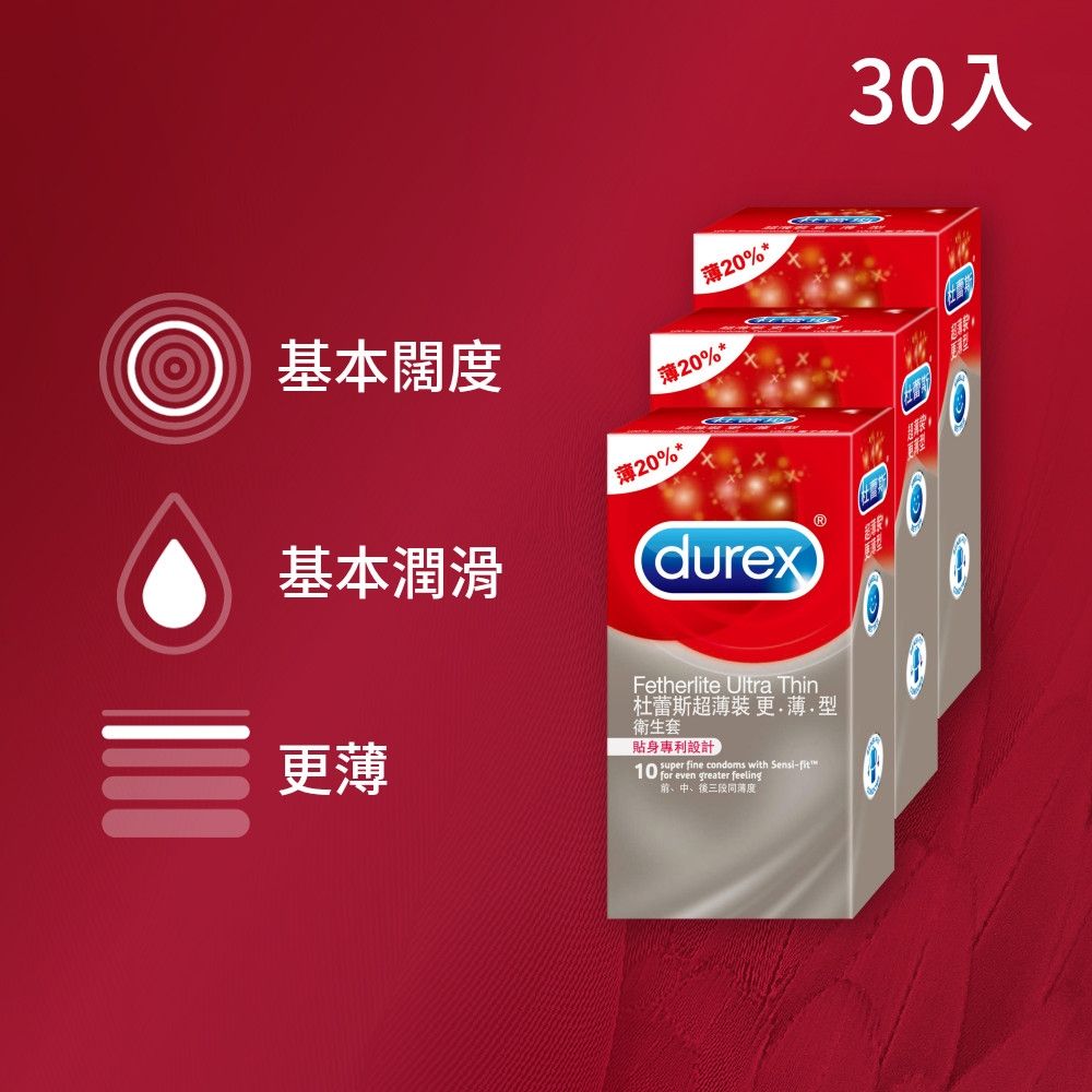【Durex 杜蕾斯】超薄裝更薄型衛生套/保險套3盒(共30入)