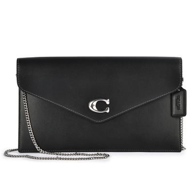 COACH 質感滑面皮革信封大手拿包(附斜背鏈帶)-黑色