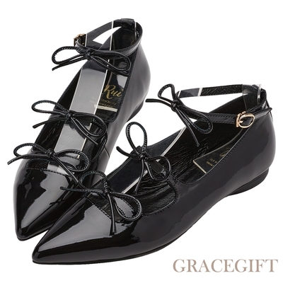 【Grace Gift】小貓聯名-浪漫邂逅全真皮尖頭蝴蝶結芭蕾平底鞋 黑漆