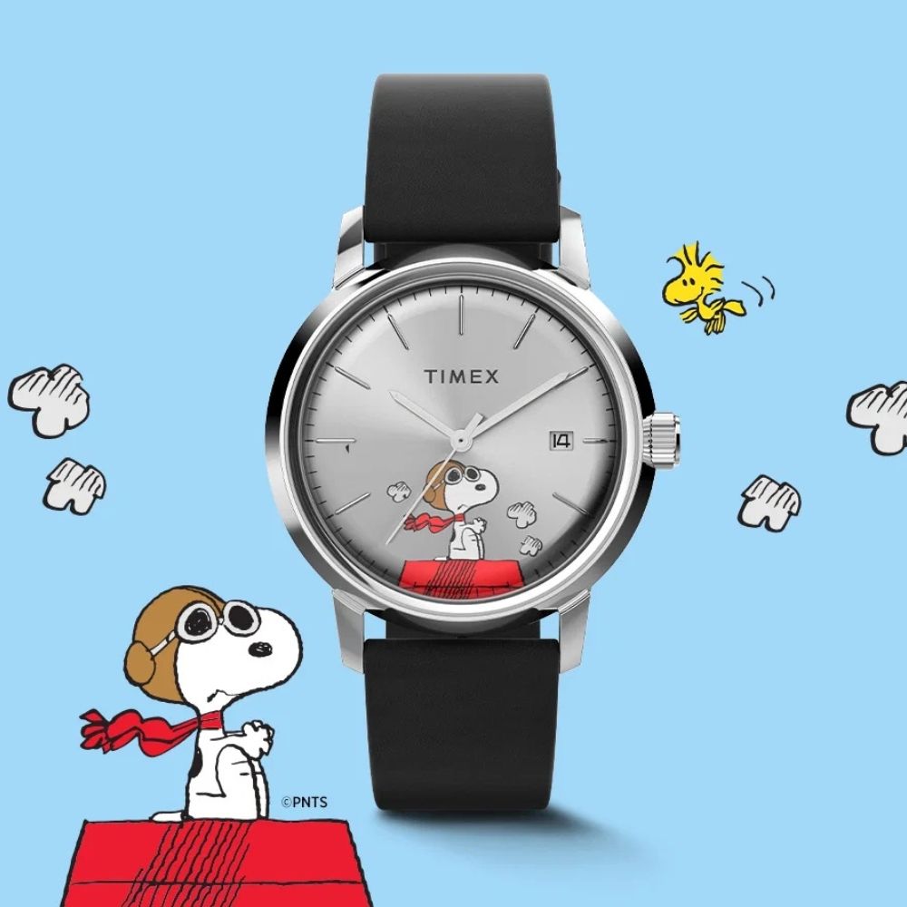 TIMEX 天美時 Marlin x Peanuts 40mm 史努比飛行王牌 自動機械腕錶(銀x黑 TXTW2W49600)