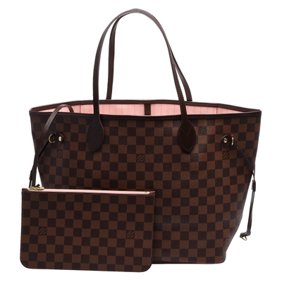 LV Louis Vuitton路易威登 N40598 經典NEVERFULL MM Damier帆布肩背托特包(芭蕾粉色)