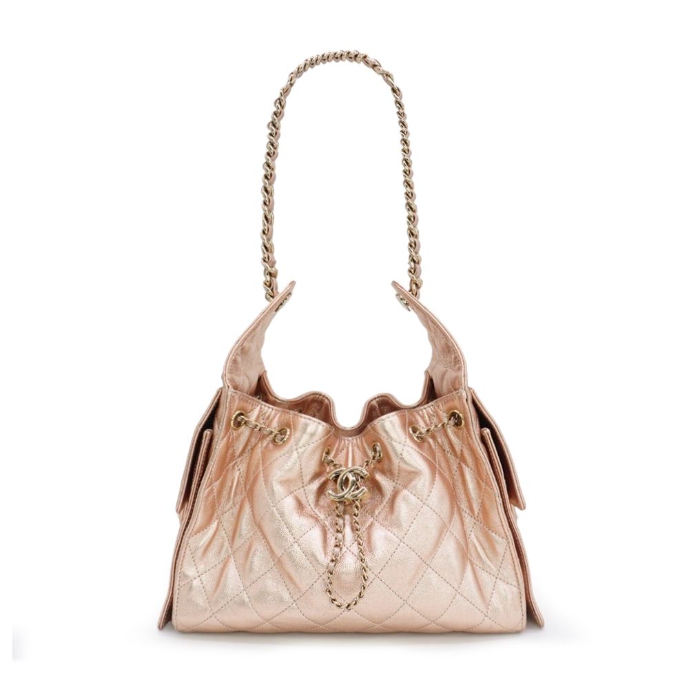 二手品 Chanel 香奈兒 25 Bag 粒紋牛皮金logo束口肩背包-小(AS5293-香檳金)