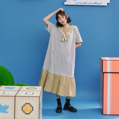 【Dailo】水手領休閒寬鬆百褶短袖洋裝 淺灰 深灰