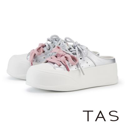 TAS 撞色綁帶厚底休閒穆勒鞋 銀色
