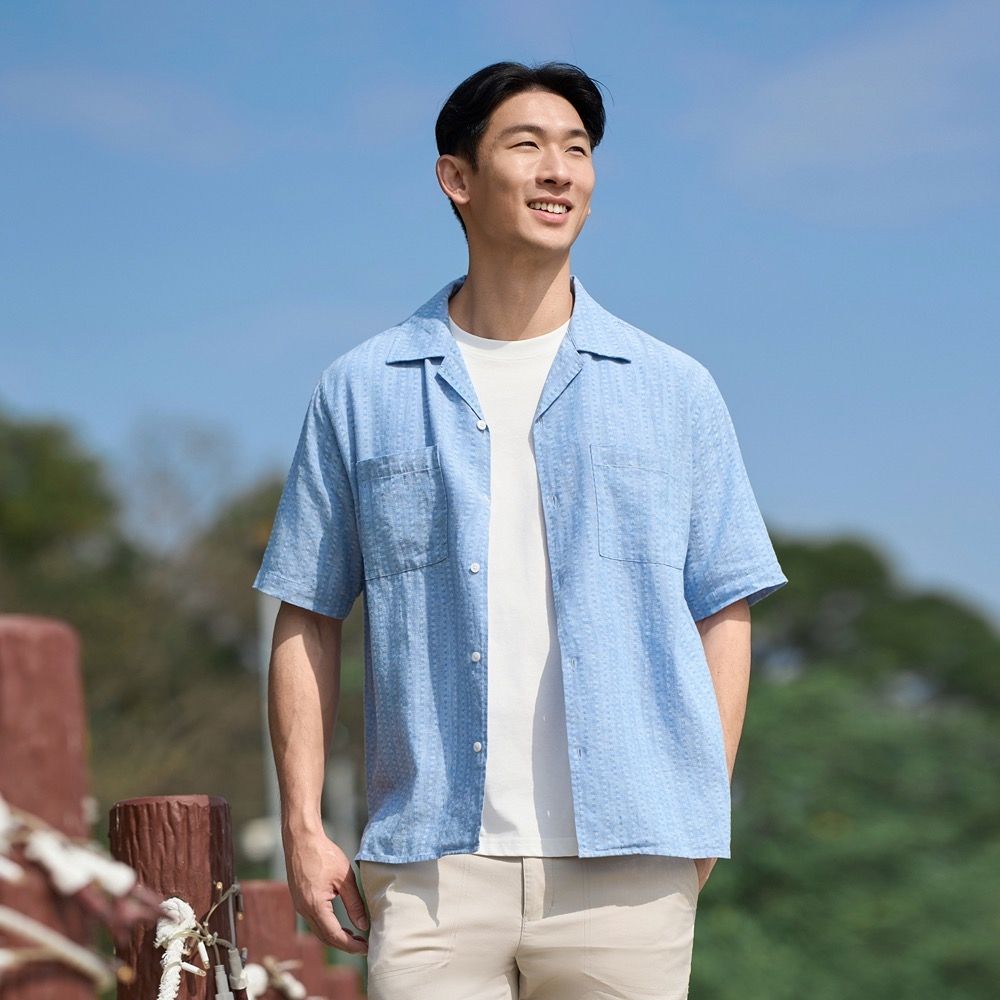 GIORDANO 男裝提花古巴領短袖襯衫 (82 藍色)