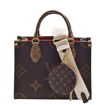 LV Louis Vuitton路易威登 M46373經典ONTHEGO PM Monogram雙色帆布手提/斜背包(咖啡色)