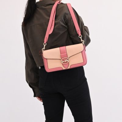 COACH Georgie 金屬LOGO拼色荔枝皮革翻蓋兩用包(玫粉)