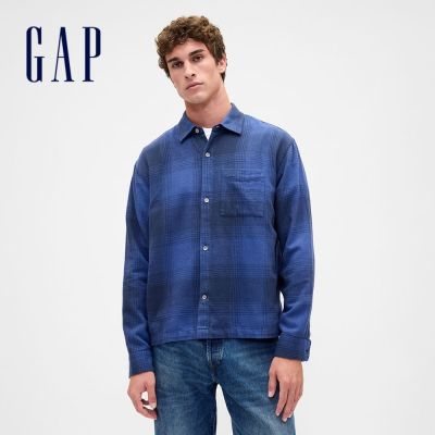 【GAP】寬鬆法蘭絨襯衫-深藍格紋/白色格紋(873122)