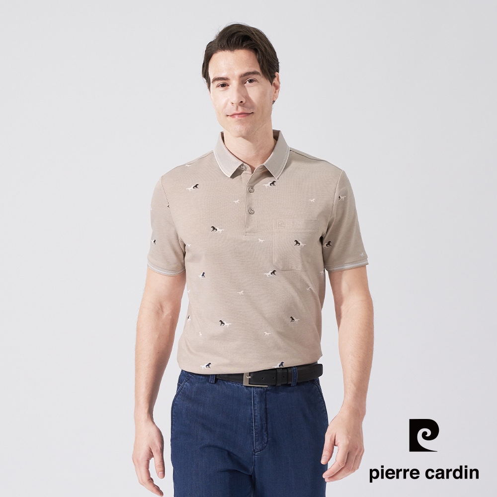 pierre cardin 皮爾卡登 男款 雙色交織馬印花短袖polo衫-卡其色(5237273-84)