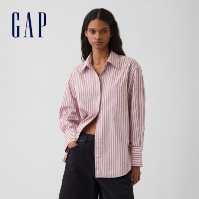 【GAP】有機棉府綢寬版襯衫-粉白條紋(910044)