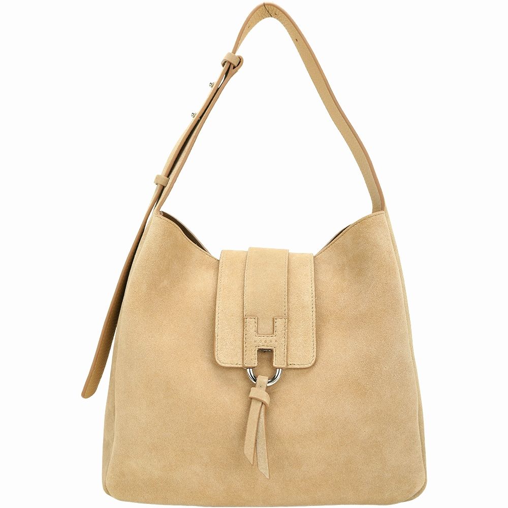 HOGAN Trend Hobo H流蘇翻蓋扣帶 麂皮手提 肩背包(米黃色)