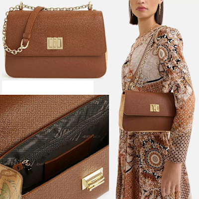 Alviero Martini 義大利地圖包 輕奢典雅 翻蓋金釦鍊帶側背包25cm-咖啡x地圖黃