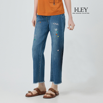 ILEY伊蕾 可愛刺繡寬直筒棉質牛仔褲(藍；M-XL)