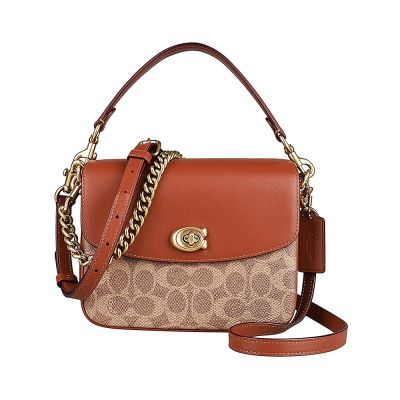 COACH Cassie 19復古金屬LOGO塗層帆布搭小牛皮旋轉釦式手提肩背斜背包(棕褐x焦糖)