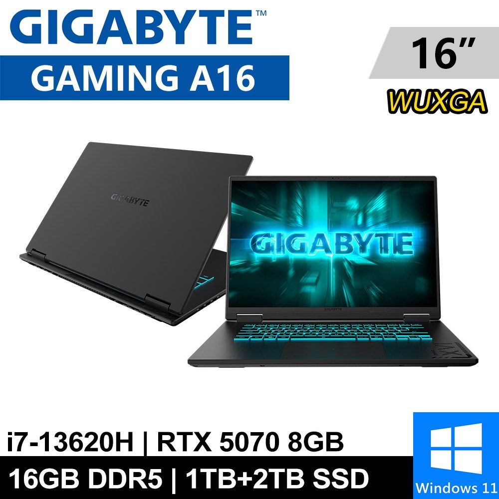 技嘉 GAMING A16 CWHI3TW894SH-SP6 16吋 黑(i7-13620H/16G DDR5/1TB+2TB SSD/RTX5070 8G/W11)特仕機