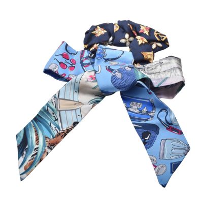 LV LOUIS VUITTON路易威登 M76644 經典 Be Mindful 系列動物圖騰真絲長絲帶髮圈 海軍藍 / 多色