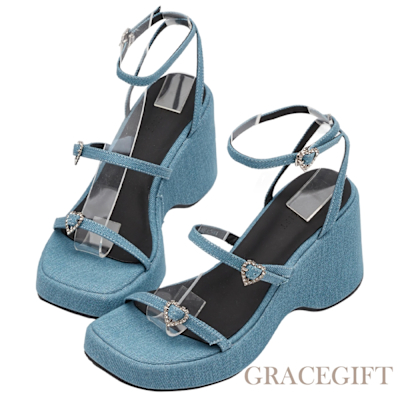 【Grace Gift】方頭愛心鑽細帶繫踝厚底涼鞋 牛仔