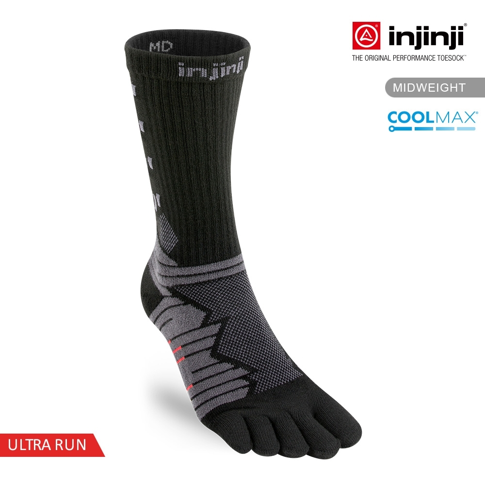 injinji Ultra Run終極系列五趾中筒襪(碳黑)-NAA6795|避震緩衝 路跑 慢跑長跑 馬拉松襪