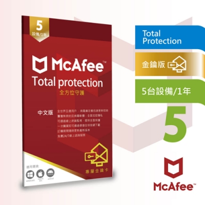 McAfee Total Protection 2025全面防毒保護5台1年中文卡片版