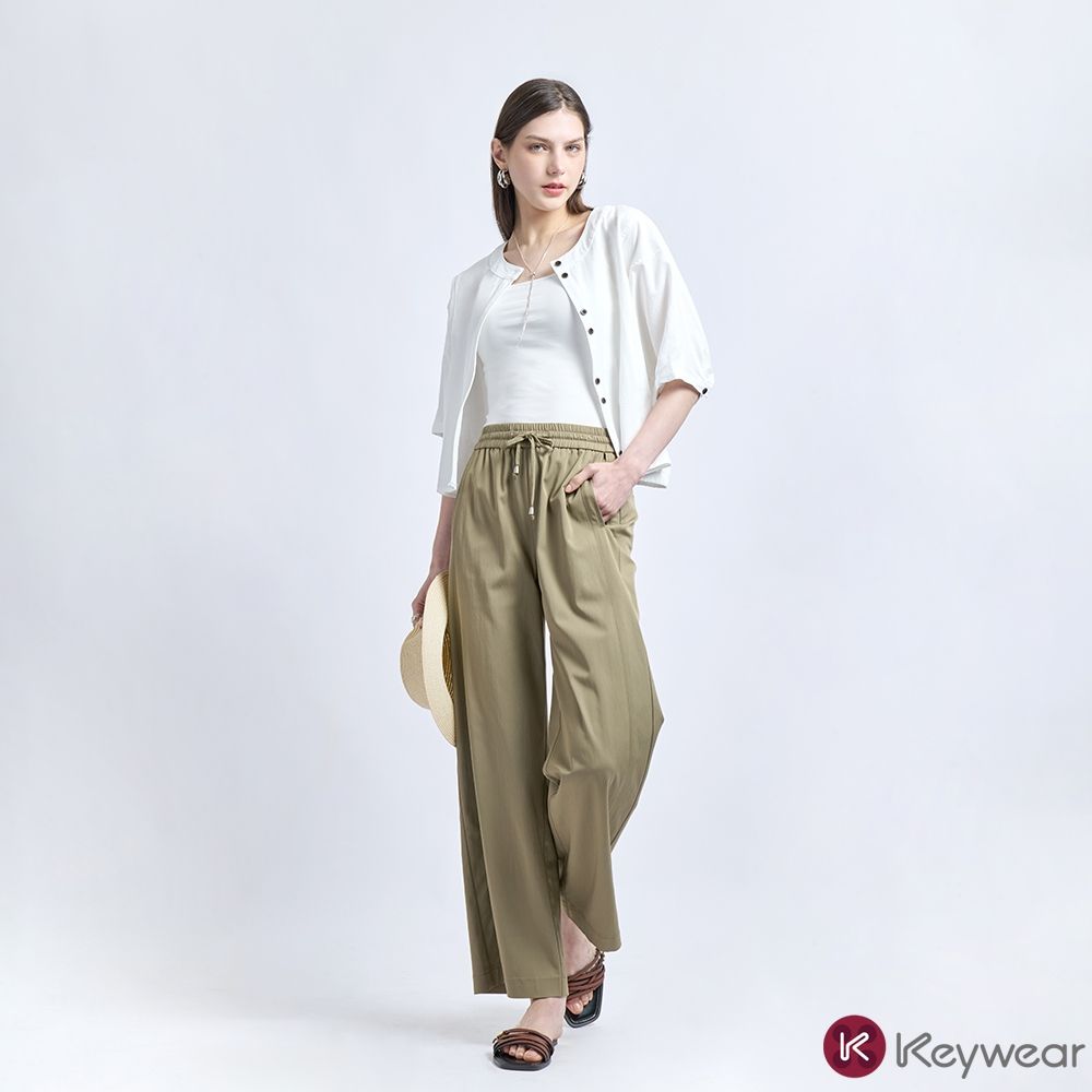 KeyWear奇威名品    莫代爾舒適抽繩寬版長褲(共2色)-橄欖綠色