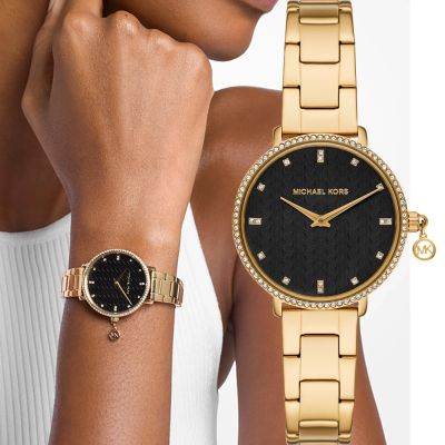 Michael Kors MK Pyper 紐約時尚晶鑽女錶 夏日煥新提案 送禮推薦-黑x金/32mm MK7616