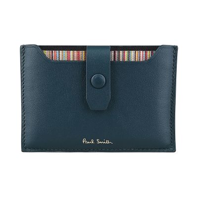 Paul Smith 燙金LOGO小牛皮拼小羊皮內多彩條紋2卡按釦抽拉式卡夾(深藍)