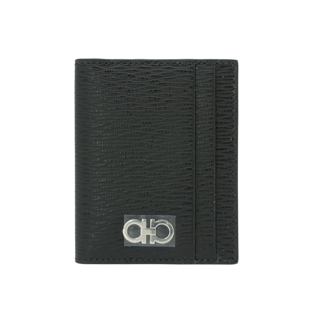 Ferragamo Gancini 防刮牛皮紅內裡直式對開卡包(740946-黑)