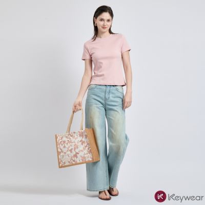 KeyWear奇威名品    水洗感修飾腿型顯瘦牛仔寬褲-淺藍色