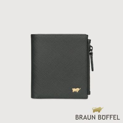 【BRAUN BUFFEL 德國小金牛】台灣總代理 尚恩A 6卡直立拉鍊零錢袋短夾-黑色(金色LOGO款)/BF354-325A-BK