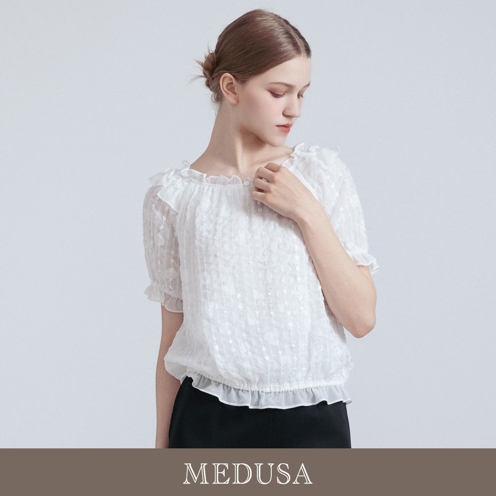 現貨【MEDUSA 曼度莎】純白溫柔小荷葉肩裝飾上衣（M-XL）｜女短袖上衣 上班上衣 休閒上衣