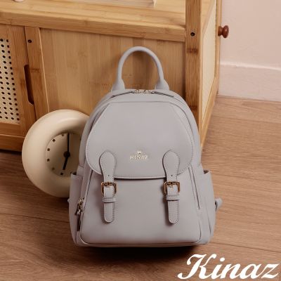 KINAZ 多袋皮革飾釦掀蓋雙拉鍊手提後背包-香草歐蕾-甜布丁系列