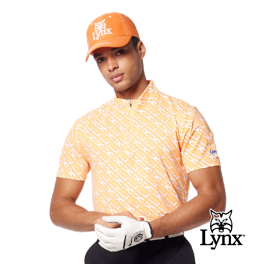 【Lynx Golf】男款吸溼排汗機能滿版英文字樣印花Lynx繡花短袖立領POLO衫/高爾夫球衫-橘色 (橘色)