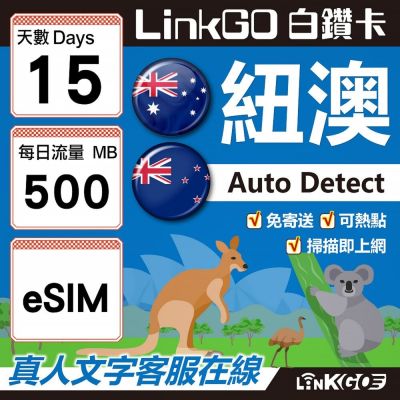 LINKGO白鑽卡 紐澳 eSIM卡 15天上網絡卡 每日500MB 高速流量(紐澳網絡卡 紐西蘭 澳洲 虛擬卡)