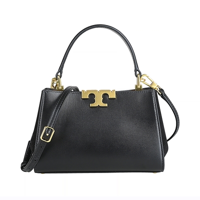 TORY BURCH Eleanor 仿古黃銅LOGO牛皮拼絨面革吸釦手提/兩用包(迷你/黑)