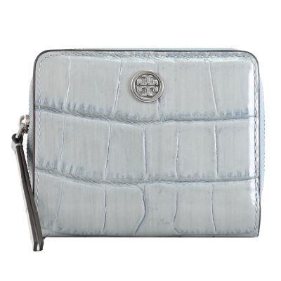 TORY BURCH 金屬LOGO鱷魚壓紋皮革扣式零錢短夾(藍)