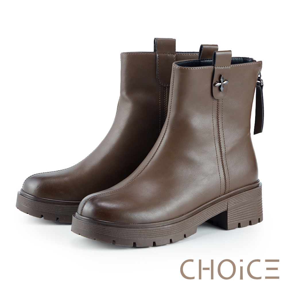 CHOiCE 復古經典圓頭鋸齒厚底短靴 咖啡