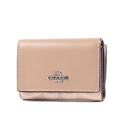 COACH 緹花LOGO防刮拚小牛皮三折釦式短夾-奶茶色